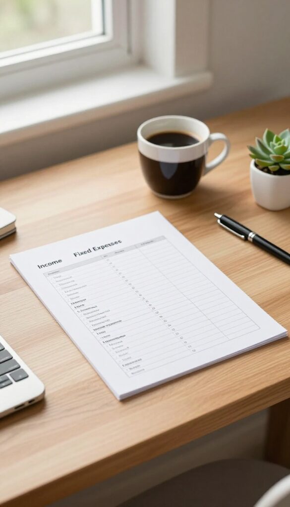 A monthly budget overview printable on a desk with coffee and succulent, representing personal finance organization.