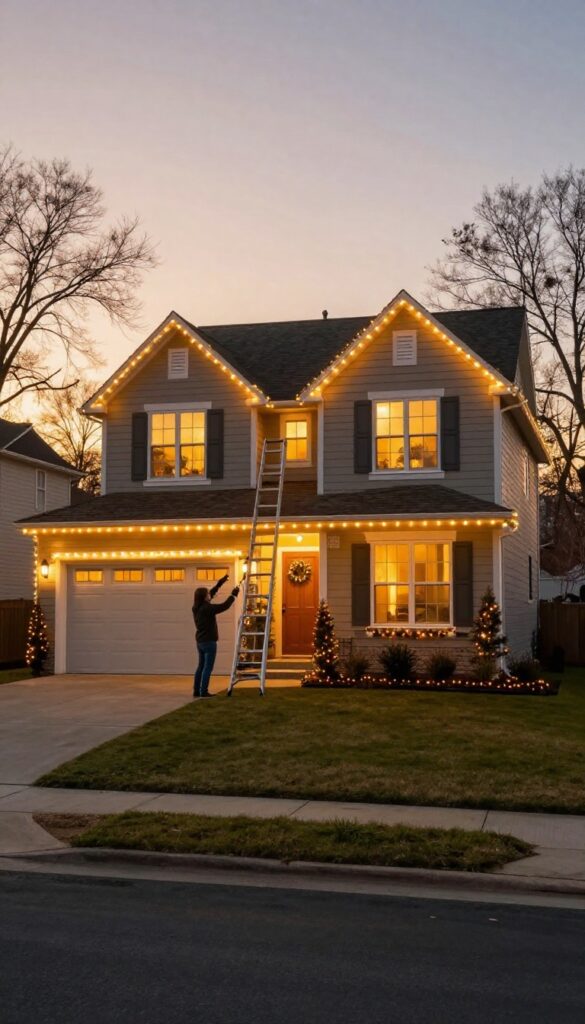 Holiday light installation on a suburban house at dusk with a ladder and person hanging lights