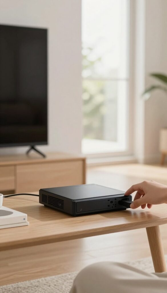 Hand turning off a power strip connected to electronics in a bright living room