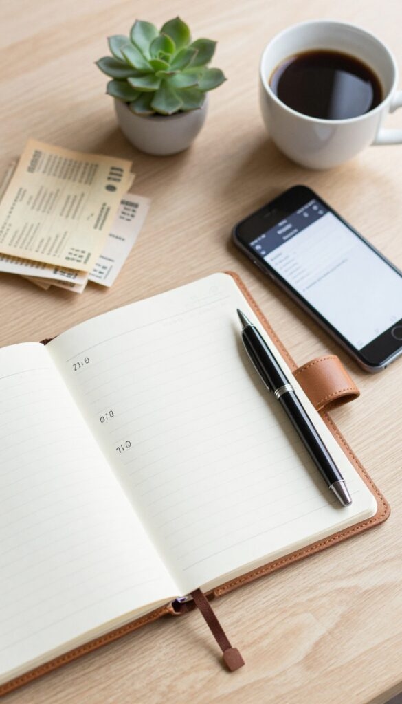 Open notebook with handwritten expense tracking, smartphone, receipts, coffee cup, and succulent on a wooden desk.