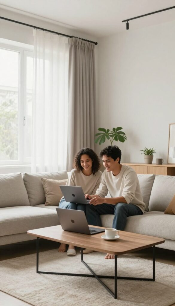 A couple negotiating rent terms on a laptop in a bright, clean apartment living room.