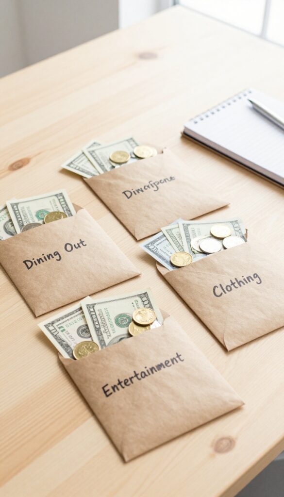 Cash envelopes for variable expenses on a wooden table with dollar bills and coins.