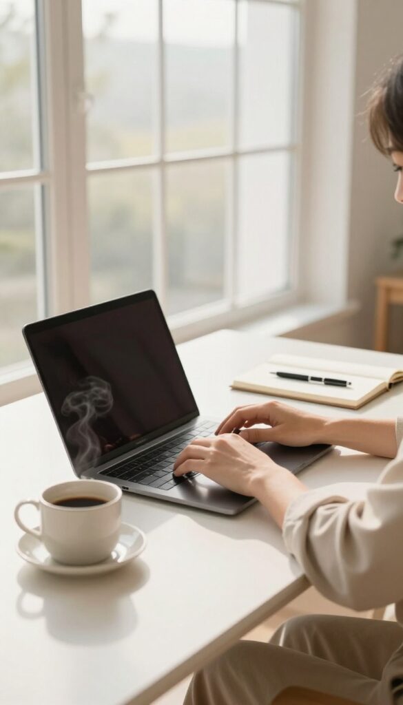 Person working on a laptop in a bright home office with coffee and notebook, representing freelance writing side hustle.