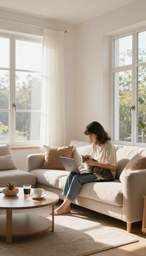 Person house sitting in a bright, cozy living room with a cat, laptop, and coffee.