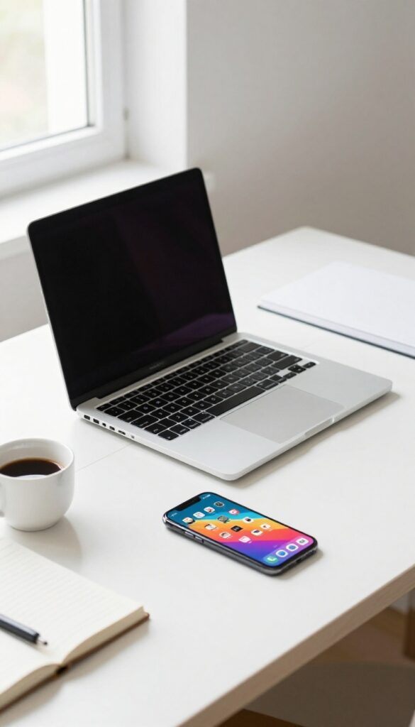 Workspace with laptop, coffee, notebook, and smartphone showing Pinterest board