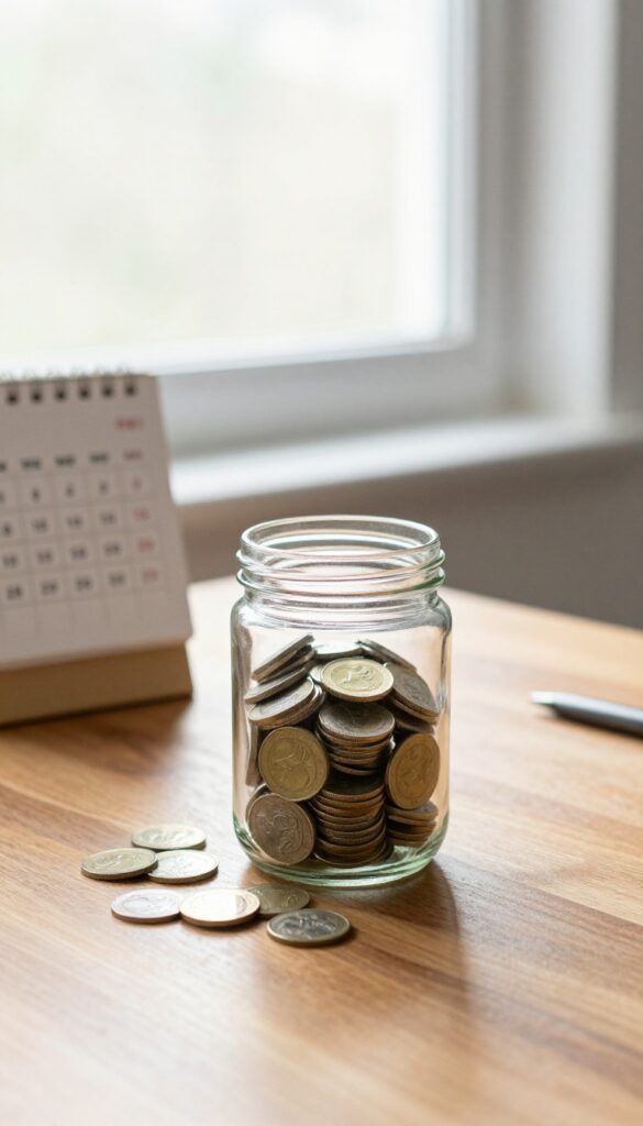 A glass savings jar with coins and cash next to a weekly calendar on a sunlit wooden table.