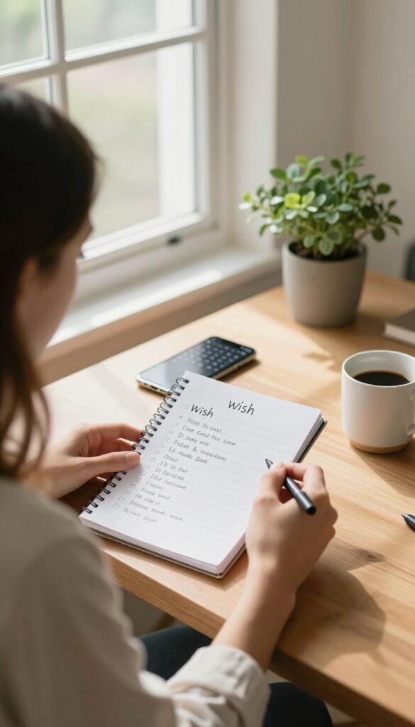 A person writing a wish list in a notebook with a 90-day reminder on a phone, cozy home office setting, bright natural light.