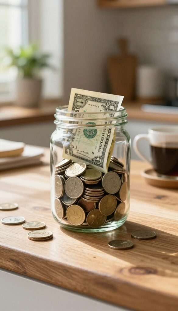 A clear jar filled with spare change and small bills on a wooden counter, symbolizing the Savings Jar Challenge.
