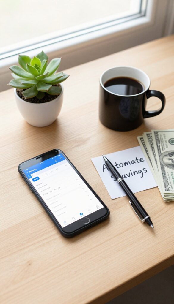 Desk setup with smartphone, savings note, and cash representing automated savings concept