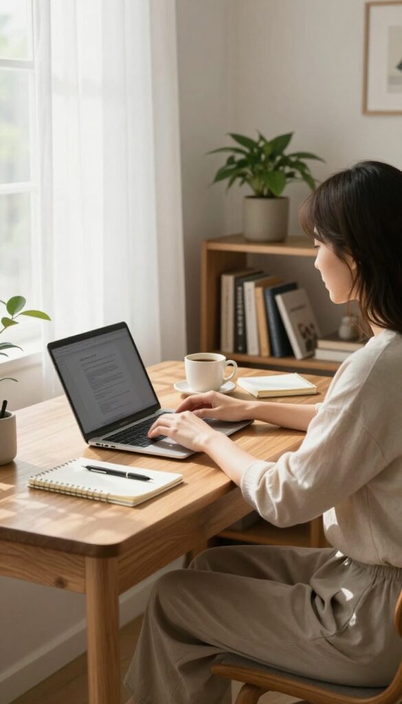 Freelance writing setup with laptop, notebook, and coffee on a desk in a sunlit home office