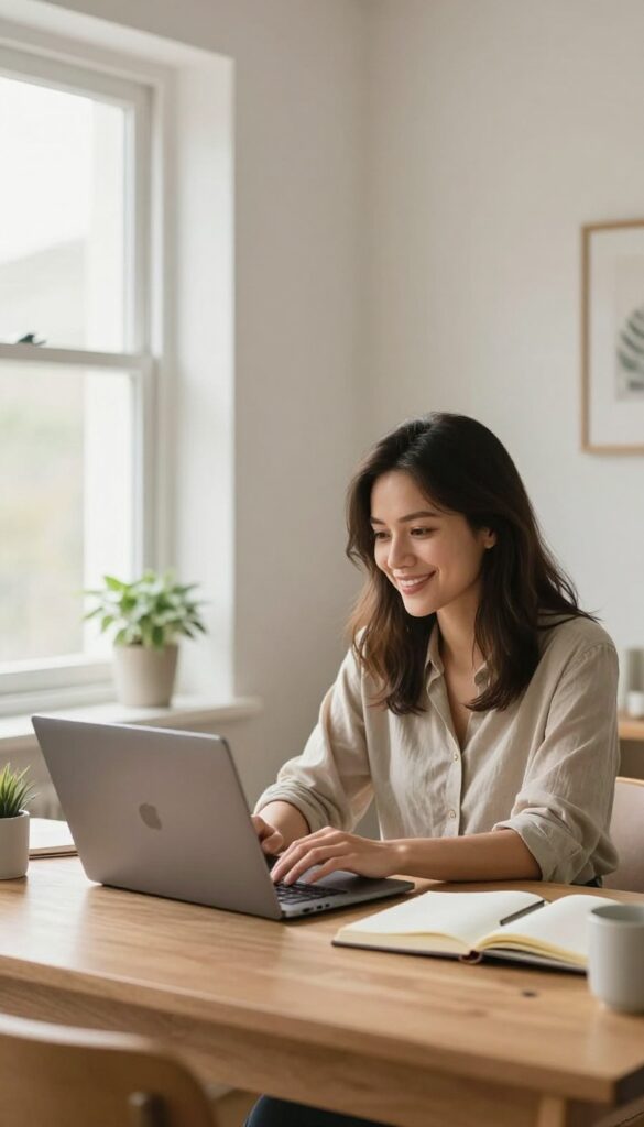 A mother working on her blog or YouTube channel in a cozy home office setting