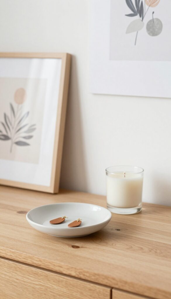 Handmade crafts on a wooden table including leather earrings, a soy candle, and art prints in natural light