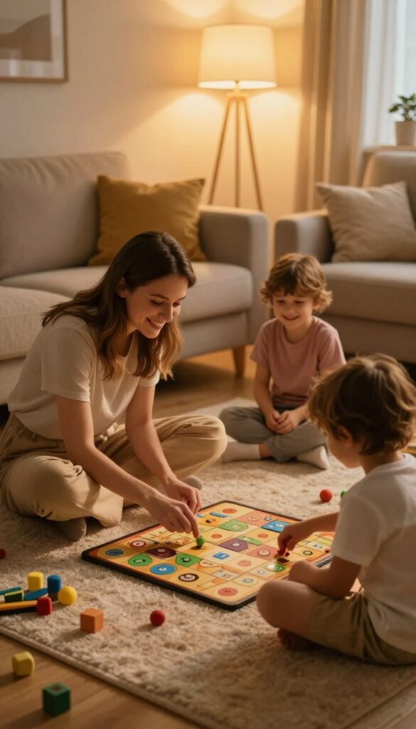 A young woman babysitting two children, playing a board game in a cozy living room