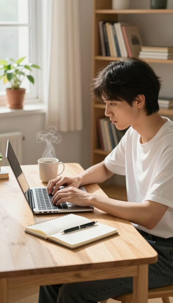 Student working on freelance writing at a laptop in a bright dorm room