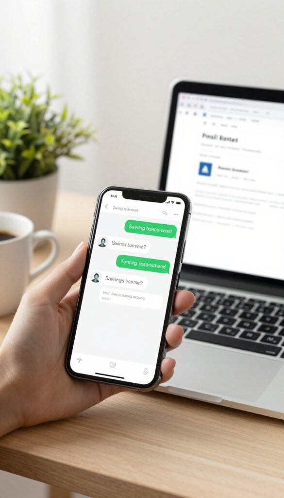 Smartphone and laptop showing automated savings balance updates via email and SMS