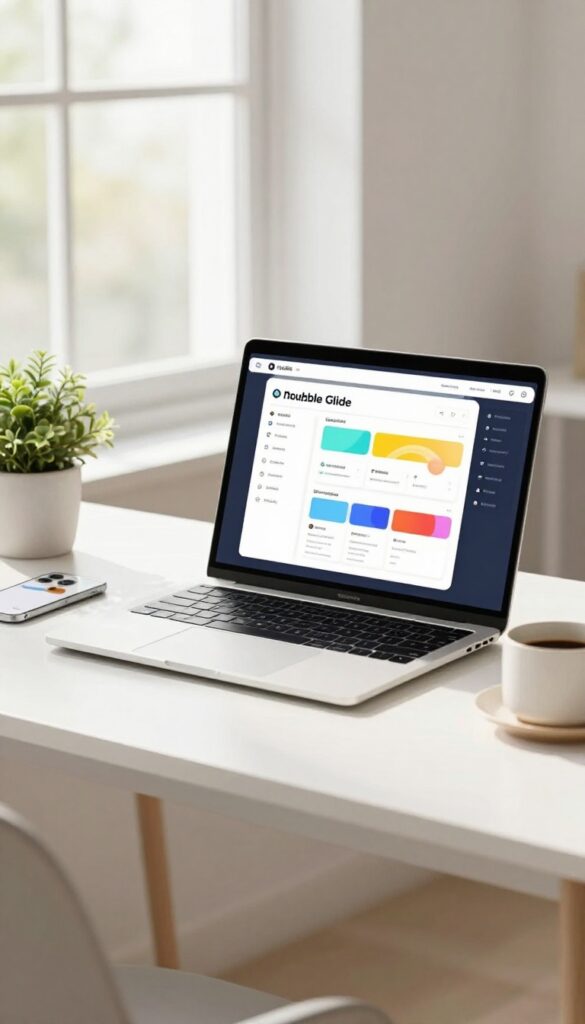 Workspace with laptop showing no-code app builder and smartphone with app mockup