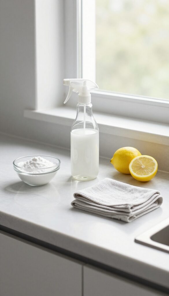 Homemade cleaning supplies on a kitchen counter with vinegar spray, baking soda, and microfiber cloth in natural light.