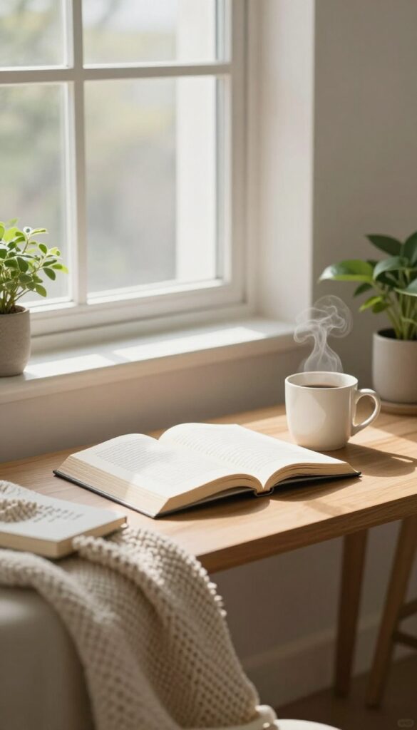 Cozy living room with book and mug on coffee table, bright natural light, no electronics or shopping bags, peaceful and intentional no-spend weekend vibe.
