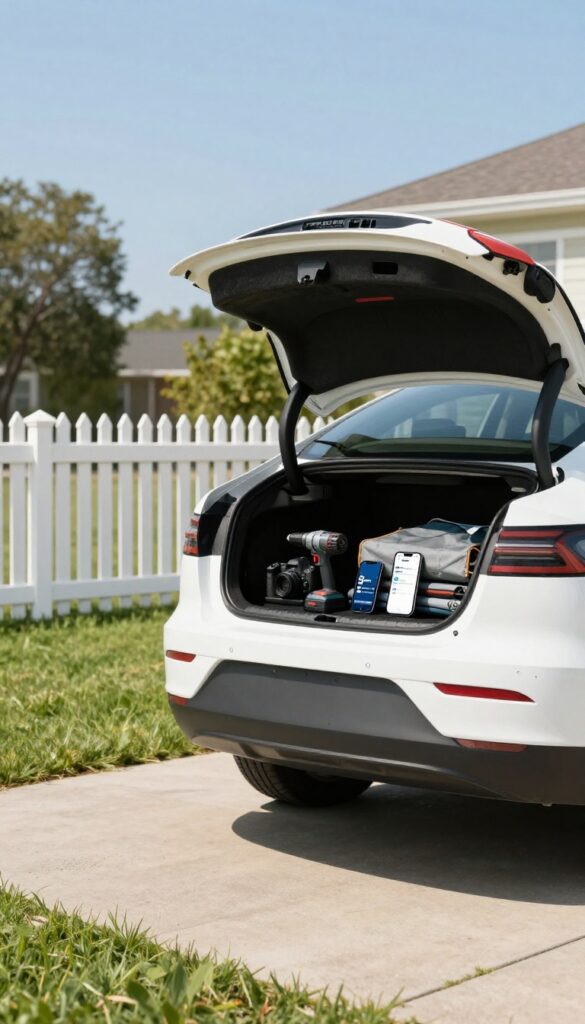 A car parked in a driveway with rental items visible in the trunk, representing renting out your car or equipment for extra income.