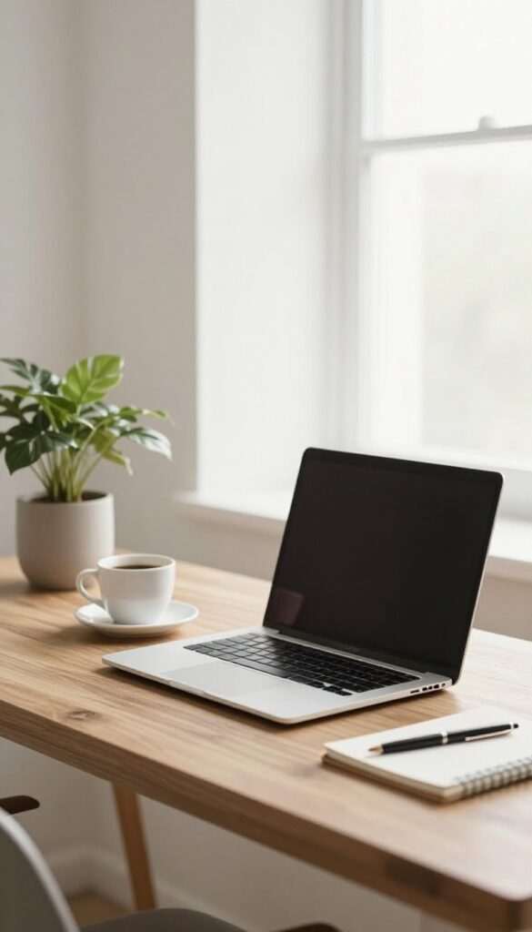 A cozy home office with a laptop, coffee, plant, and notebook on a wooden desk, bathed in natural light.