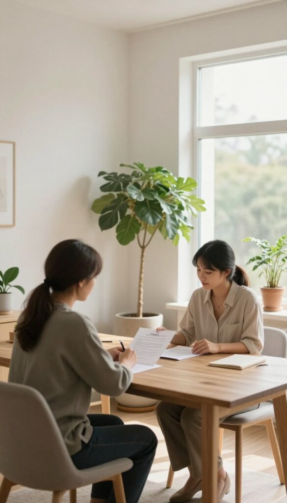 Tenant and landlord reviewing lease agreement at a bright, cozy table