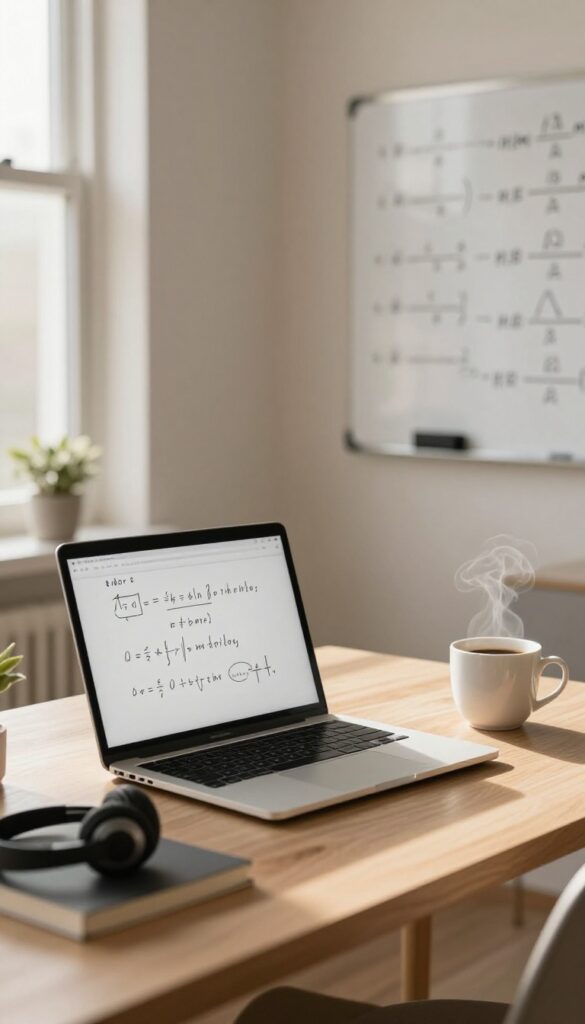 Cozy home office setup for online tutoring with laptop, headset, and whiteboard