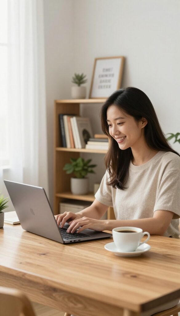 Woman working on a laptop in a bright home office with natural light and cozy decor