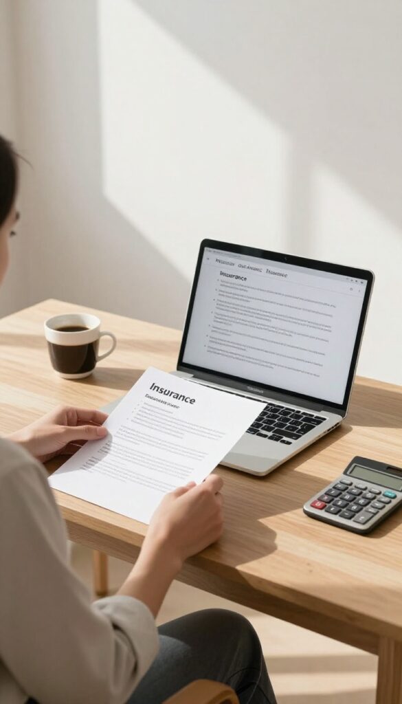 Person reviewing insurance policies on laptop and paper documents at a bright home office desk