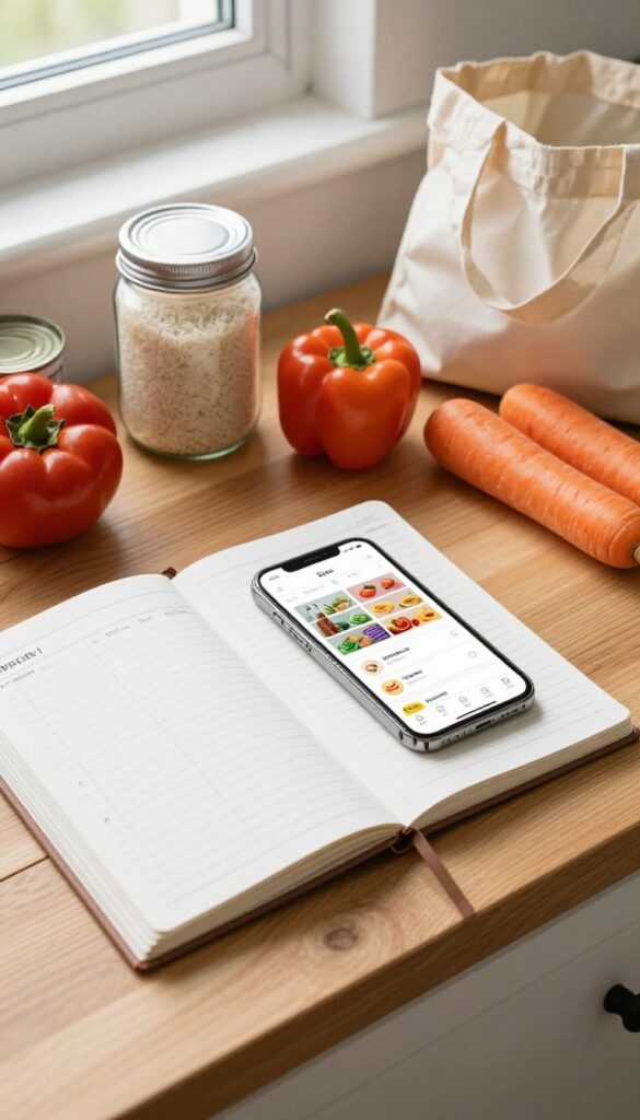 A meal planning setup on a wooden table with a notebook, smartphone, pantry staples, and fresh vegetables in natural light.
