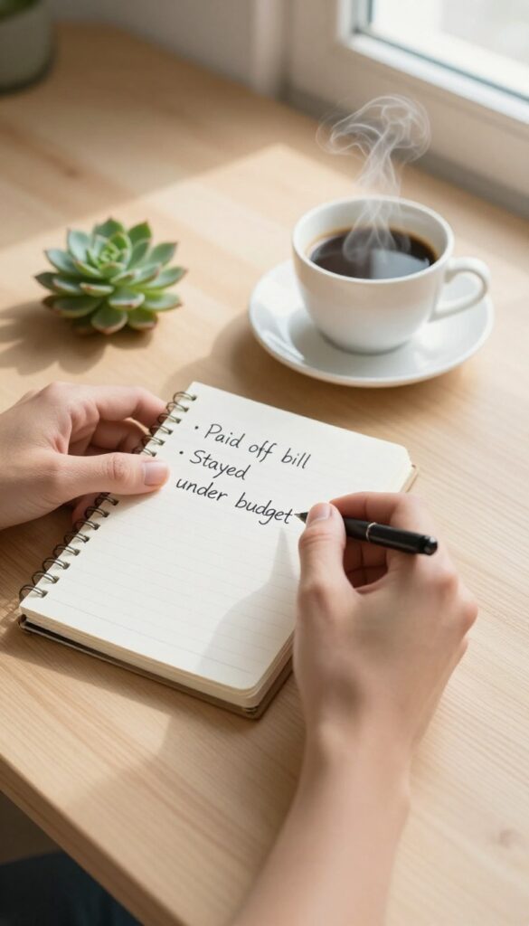 A person celebrating financial progress with a notebook of wins, coffee, and a succulent on a desk.