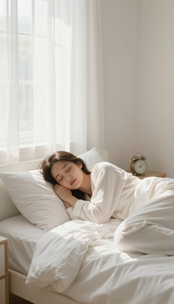 Woman resting in bed on a lazy morning, peaceful and unbothered, with soft natural light and cozy bedding