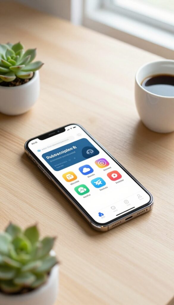 Smartphone on a desk showing a subscription manager app dashboard with app icons and monthly costs, surrounded by a coffee cup and succulent in natural light.