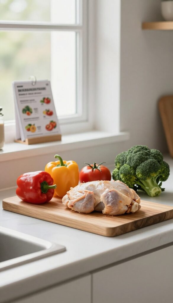 Fresh vegetables and a chicken on a cutting board with grocery flyers, illustrating meal planning around sale items.