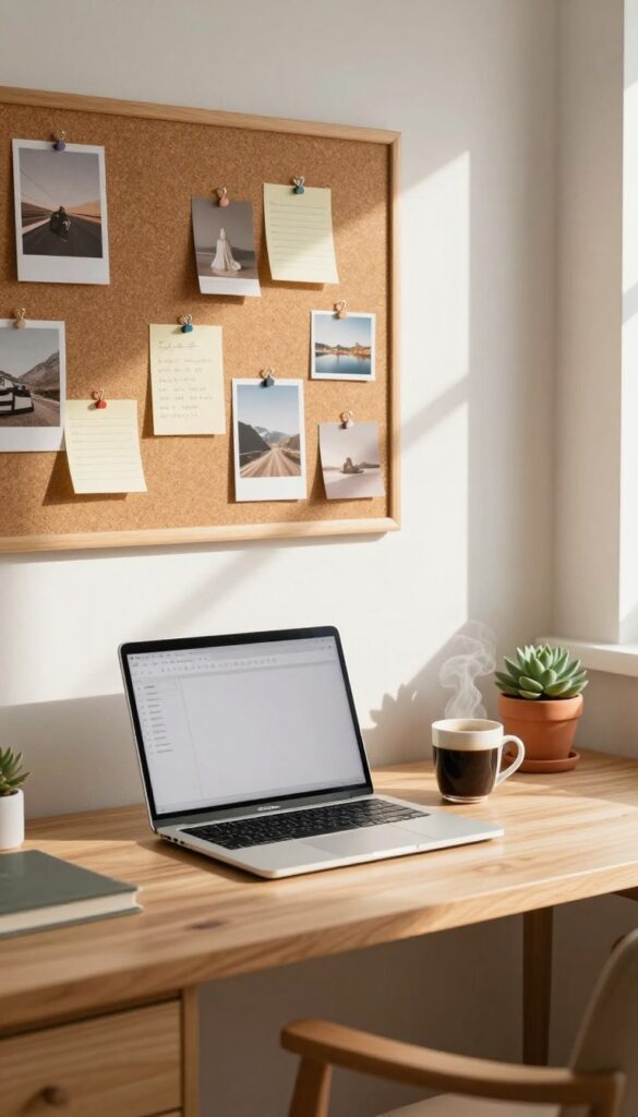 Cozy home office with laptop, coffee, and succulent, warm natural light, blogger workspace