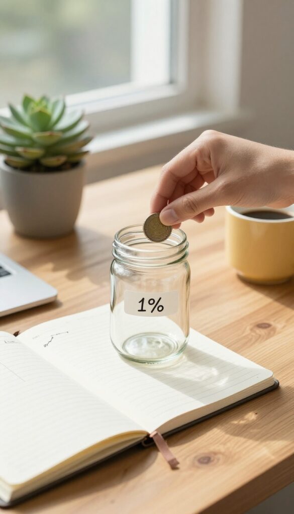 A hand dropping a coin into a glass jar labeled '1%' on a wooden desk with an open budget planner notebook, soft natural light, clean composition.