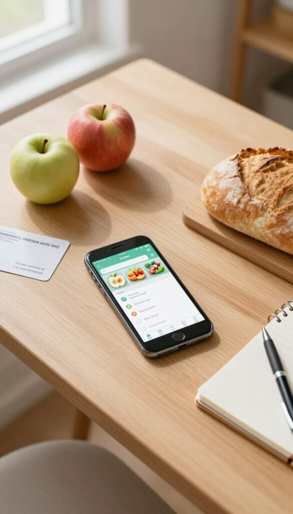 Smartphone showing loyalty app with store card and fresh groceries on a wooden table