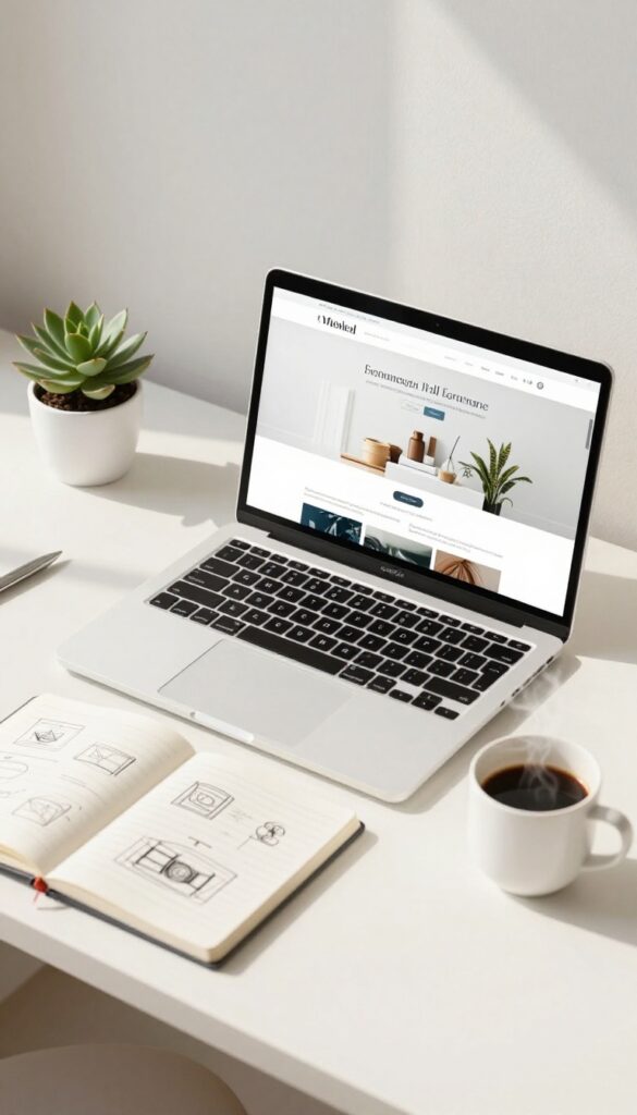 A clean, bright desk with a laptop showing a website design, notebook with wireframes, coffee, and succulent.