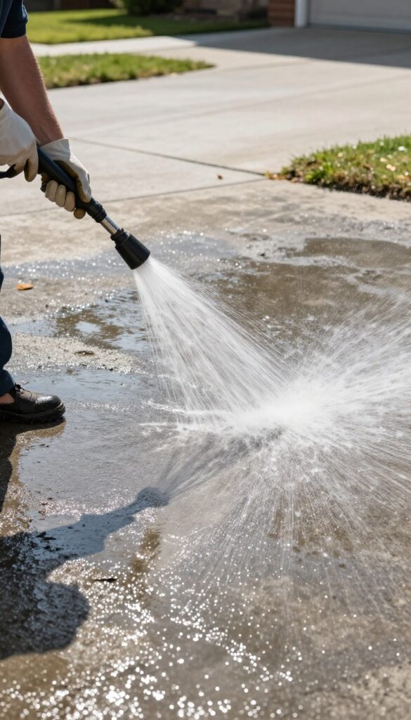 Person pressure washing a dirty driveway, before-and-after effect, bright sunlight, clean outdoor scene.