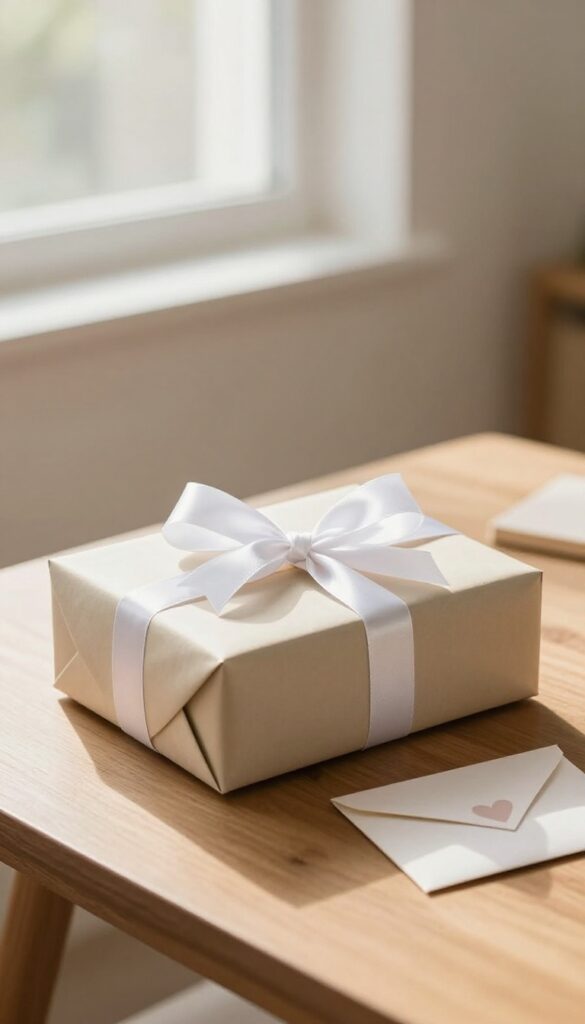 Gift box and donation envelope on a wooden table in warm natural light