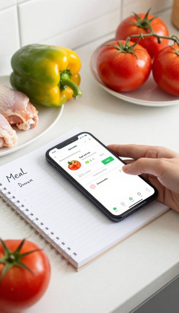 Person planning meals around sale items using a grocery app and handwritten meal plan