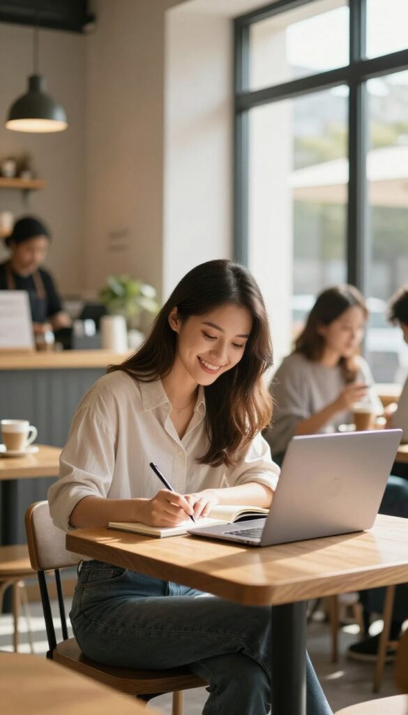 A woman writing in a notebook at a coffee shop, with a laptop and coffee, representing networking and planning to find first clients.