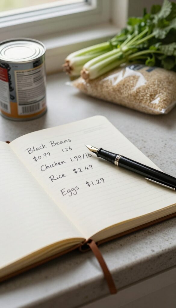 Open notebook with handwritten price book list and pen on kitchen counter, surrounded by a few grocery items in natural light.