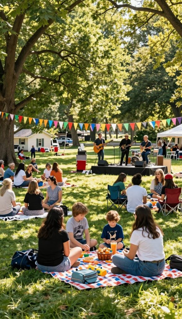 People enjoying a free outdoor concert in a park, sitting on blankets and chairs, with a band playing on stage.