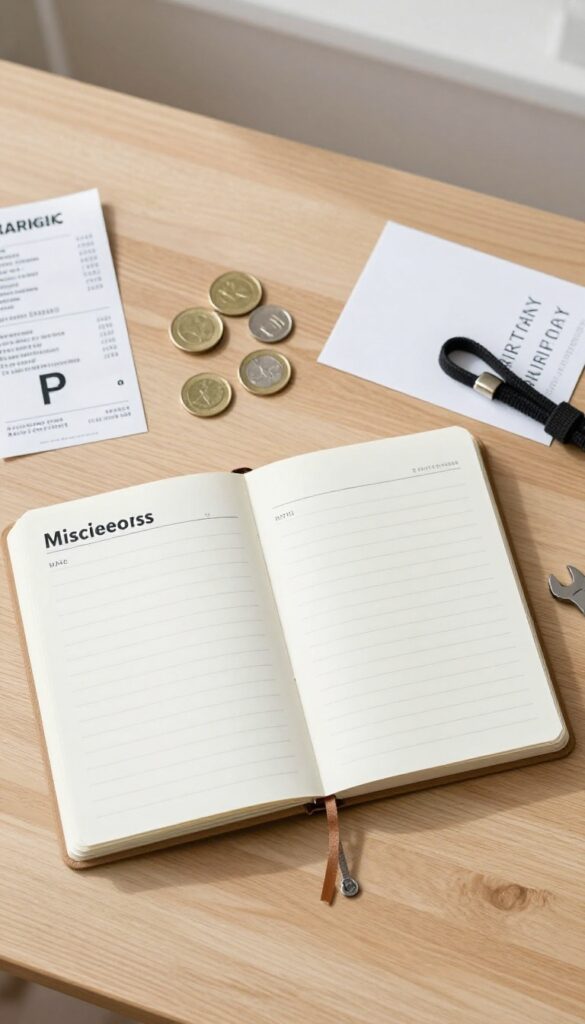 Flat lay of a budget planner with miscellaneous small expenses like coins, a parking receipt, a dog leash, a birthday card, and a wrench.