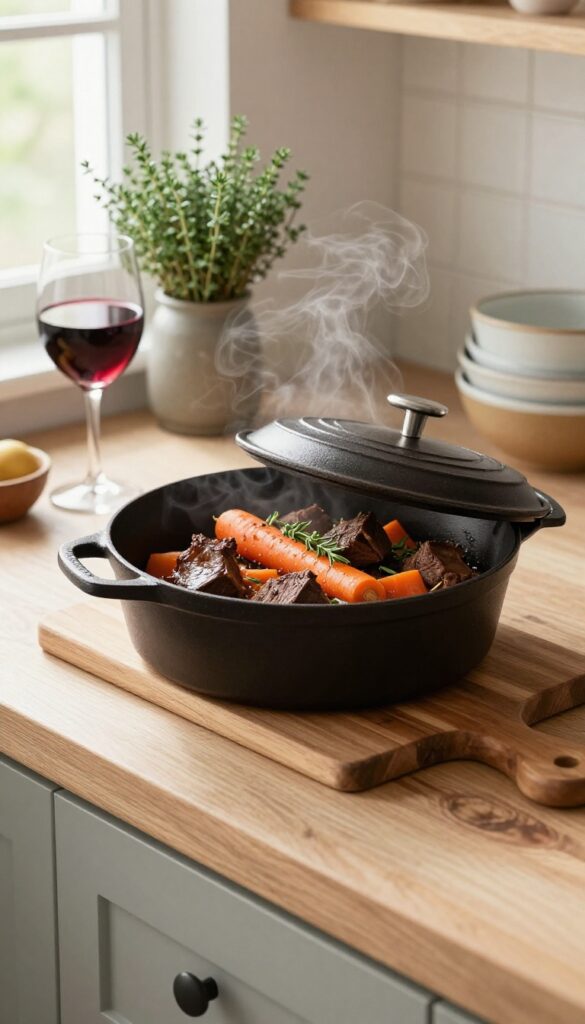 Braised beef chuck in a Dutch oven on a wooden cutting board with carrots and herbs, steam rising, natural light from window.