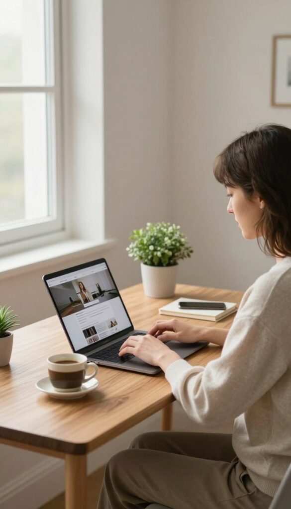 Woman working on affiliate marketing at a bright home office desk with laptop and smartphone