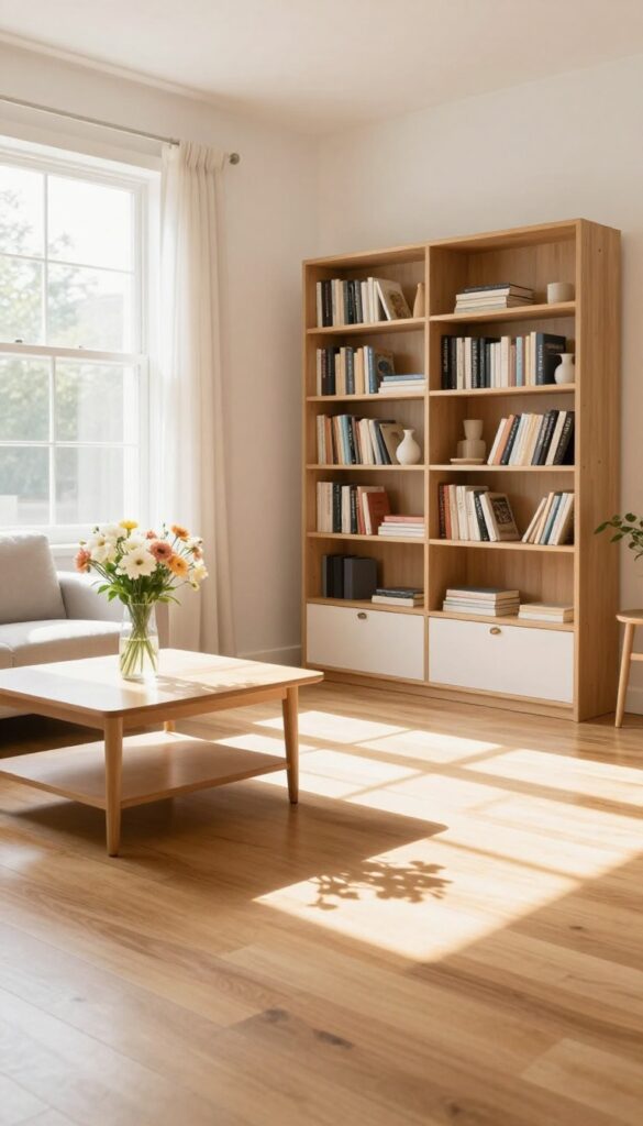 Clean and organized living room with sunlight and fresh flowers