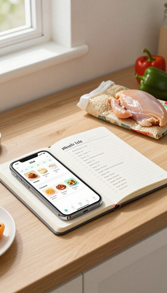 A kitchen counter with a meal planner, smartphone showing sales app, and fresh ingredients like chicken and bell peppers, illustrating menu planning around grocery sales.