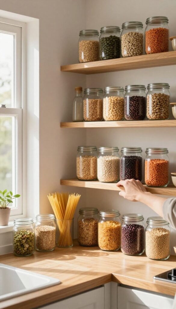 Person reaching for a jar of lentils in a bright, organized pantry with glass jars and natural light.