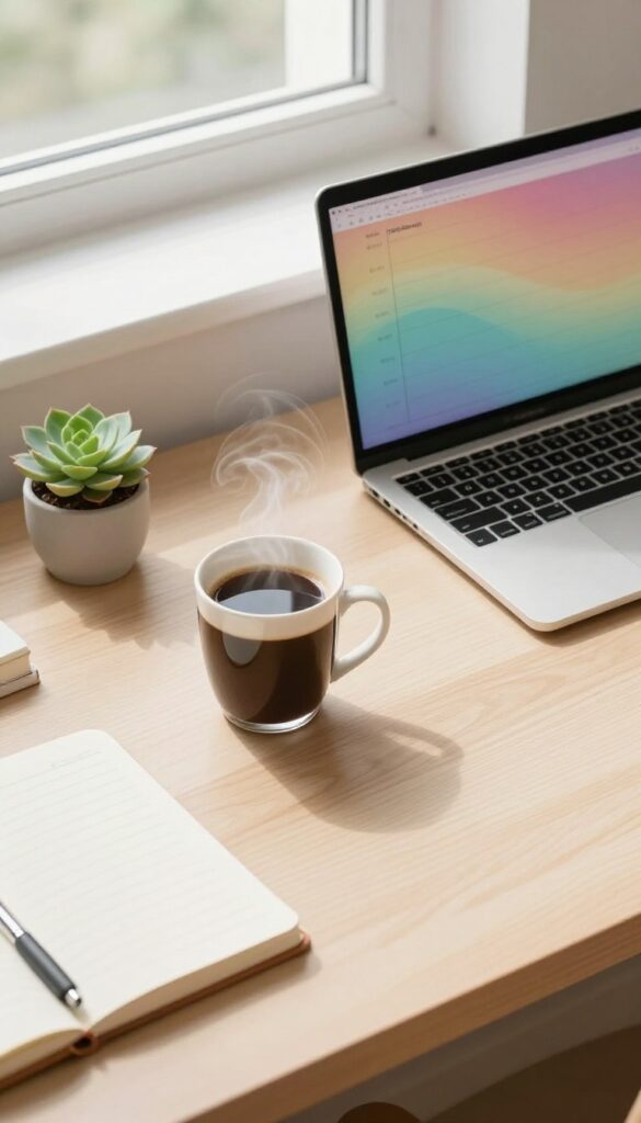 Weekly financial goal review setup on a desk with laptop, coffee, and notebook